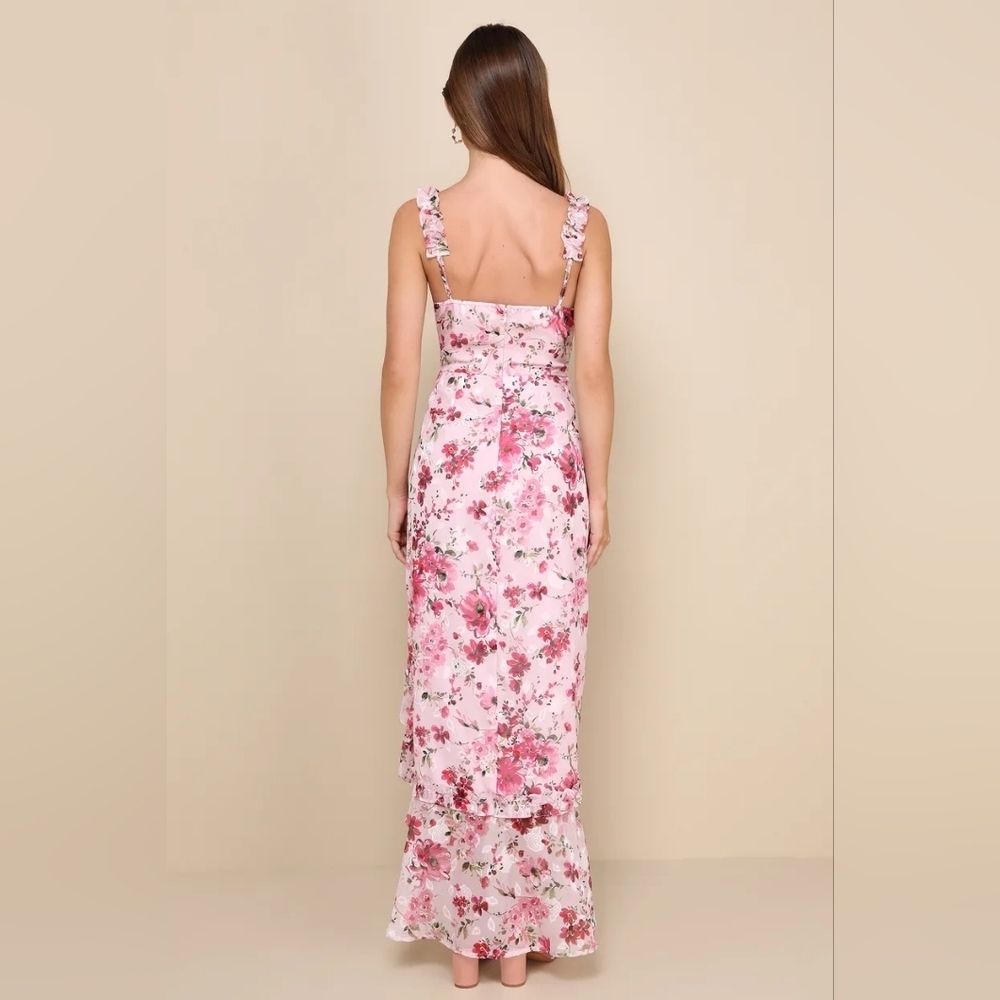 Lulus Lovable Spirit Pink Floral Burnout Ruffled High-Low Maxi Dress L Wedding - Picture 5 of 10